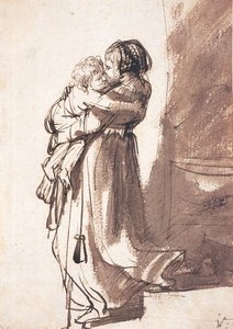 階下に子供を運ぶ女性 作： Rembrandt van Rijn